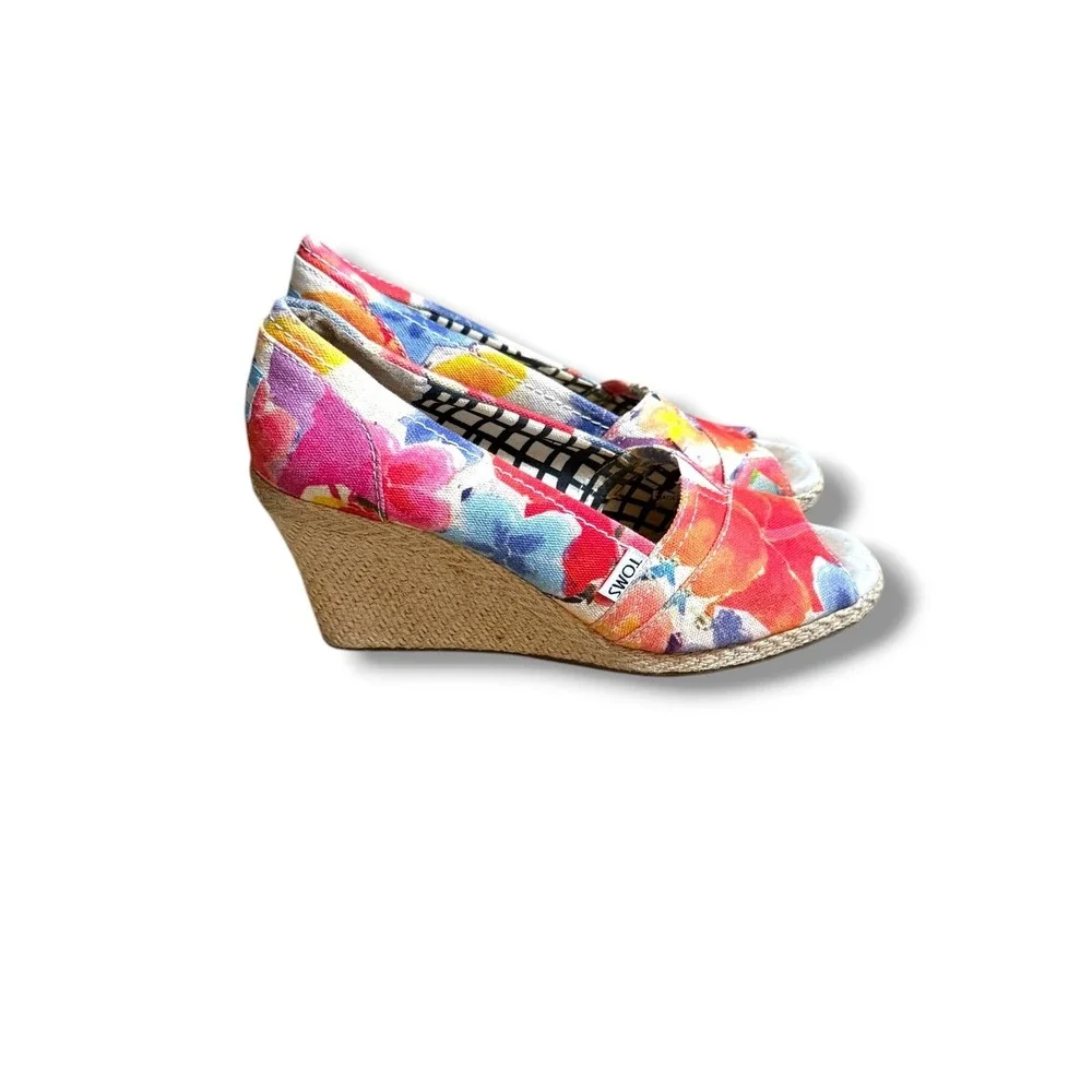 TOMS Floral Espadrille Wedge Sandals Womens‎ 8.5 Multicolor Peep Toe Canvas